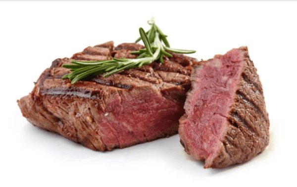 A steak is a meat generally sliced across the muscle fibers, potentially including a bone.